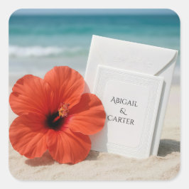Hochzeitsgeschoss am Strand mit Hibiskus Blume Quadratischer Aufkleber