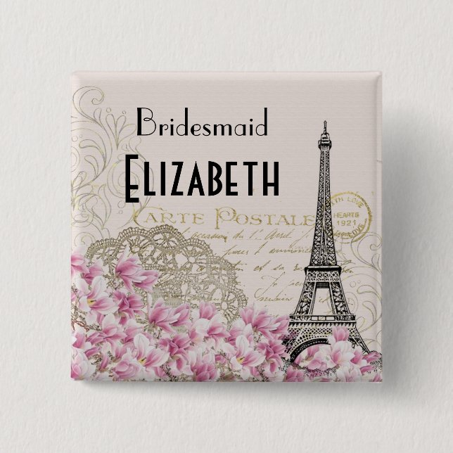Hochzeitsgesellschaft Vintage Eiffelturm Button (Vorderseite)