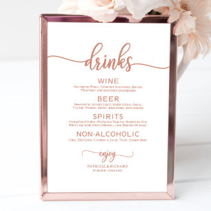 Hochzeitsgetränke-Bar-Menü Rose Gold Kalligrafie Poster