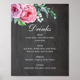 Hochzeitsgetränke im Chalkboard. Rosa Blumenalkoho Poster