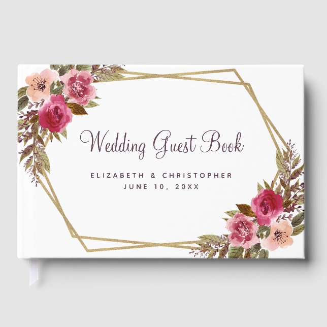 Hochzeitsgoldrahmen Watercolor Chic Floral Elegant Gästebuch (Vorderseite)