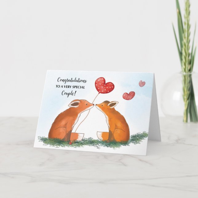 Hochzeitsgratulation Two Foxes Heart Ballon Karte (Vorderseite)