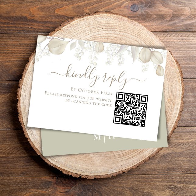 Hochzeitsgrau RSVP Online QR Code Sage Greenerity (Simple Wedding reply card with a sage green background and QR code template.)