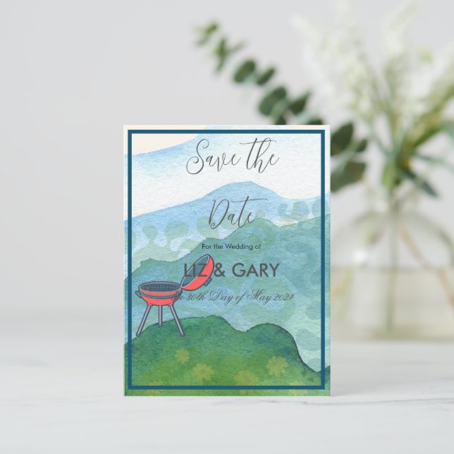 Hochzeitsgrill - Save the Date Postkarte (Stehend Vorderseite)