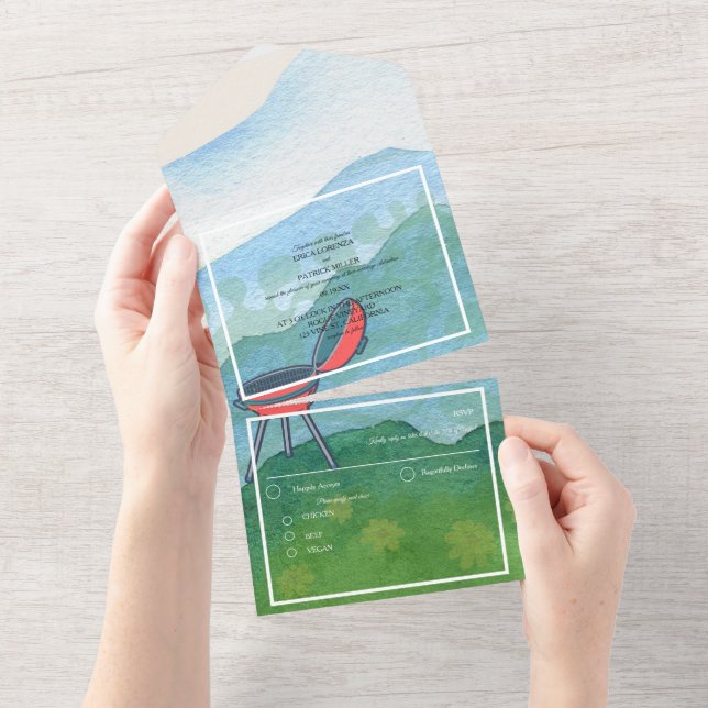 Hochzeitsgrill Wasserfarbenwelt All In One Einladung (Abreißen)