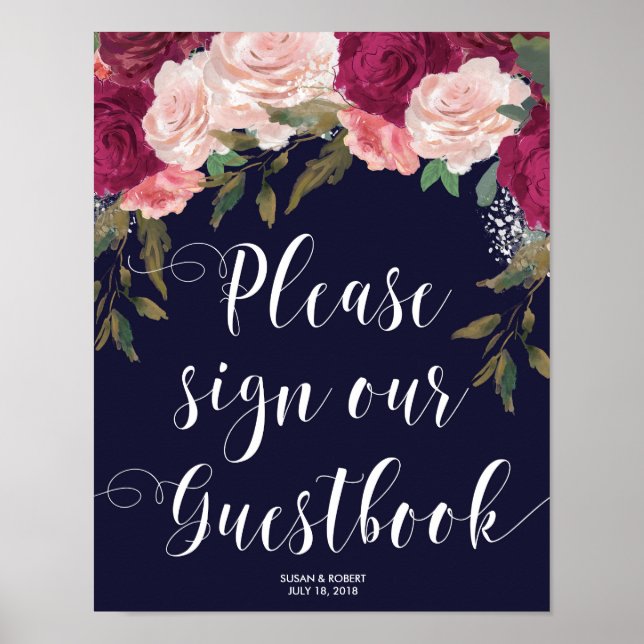 Hochzeitsguestbook Marinebild Rosa Blumengestein Poster (Vorne)