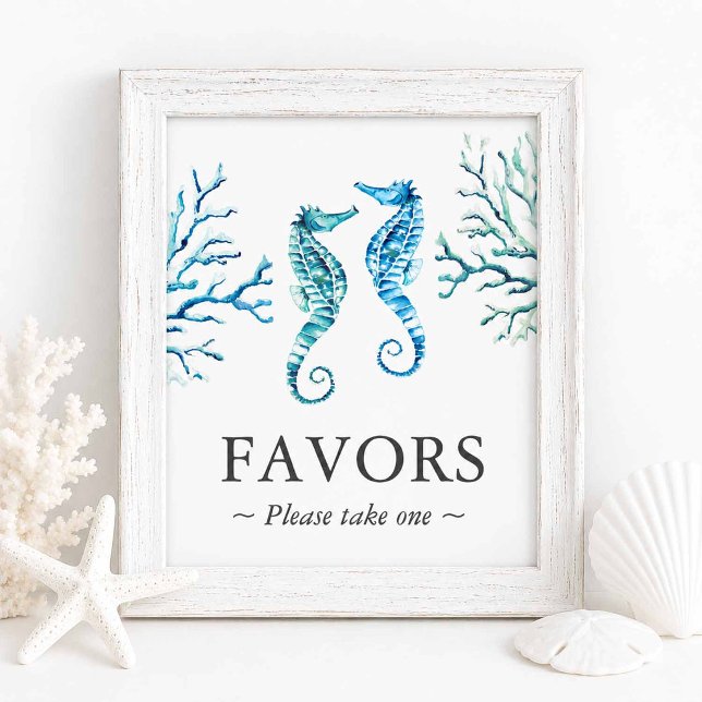 Hochzeitsgunst-Beach-Schild Seepferdchen Poster (Beach wedding favors sign with watercolor seahorses by Victoria Grigaliunas of Do Tell A Belle)