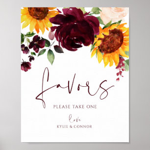 Hochzeitsgunstzeichen Sonnenblumen Rosen Burgunder Poster