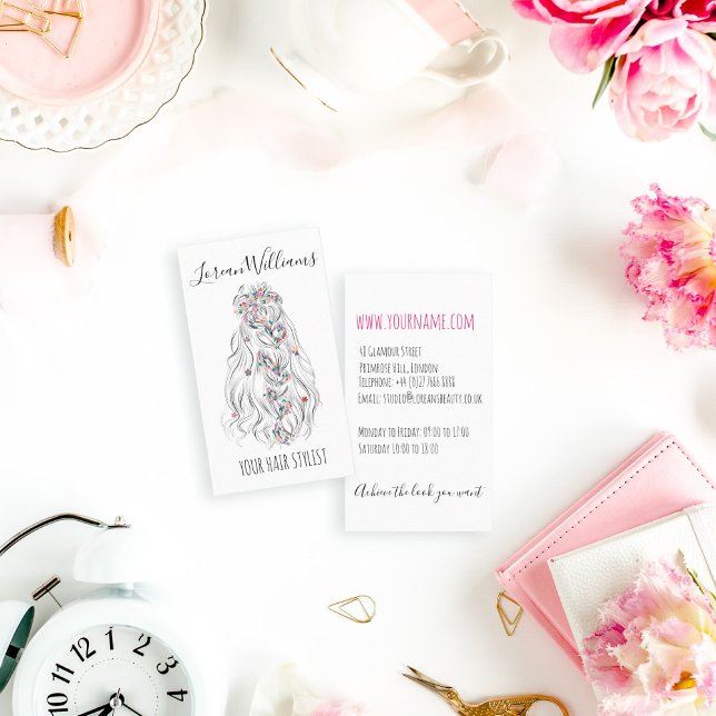 Hochzeitshaar Stylist Schwarz-weiß Wavy Hair Flora Visitenkarte (Von Creator hochgeladen)