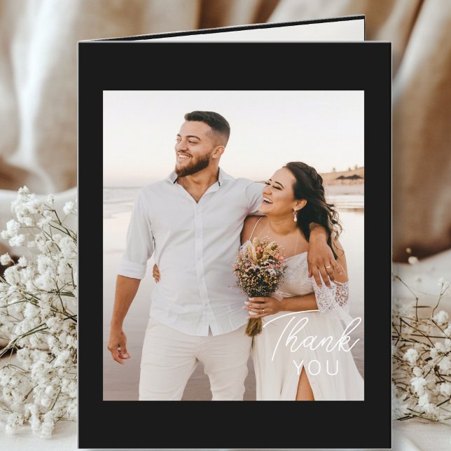 Hochzeitshandschrift Danke 3 Fotos Elegant Schwarz (Modern, Minimal, Black, Wedding "Thank You" Card, 3 Photos.)