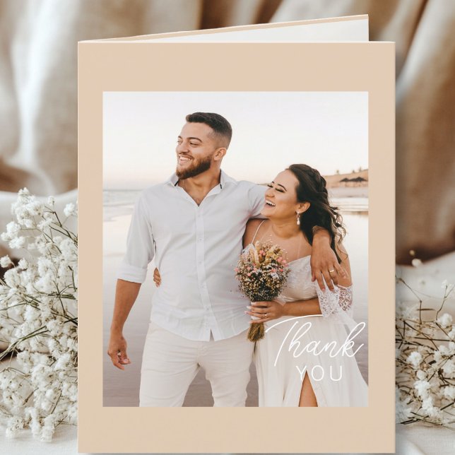 Hochzeitshandschrift Danke 3 Fotos Hellbraun (Modern, Minimal, Light-Brown, Wedding "Thank You" Card, 3 Photos.)