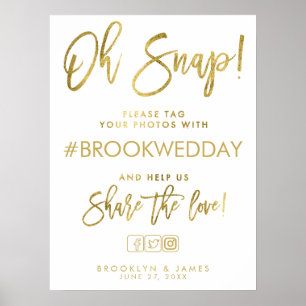 Hochzeitshashtag signieren Gold und Weiß Poster