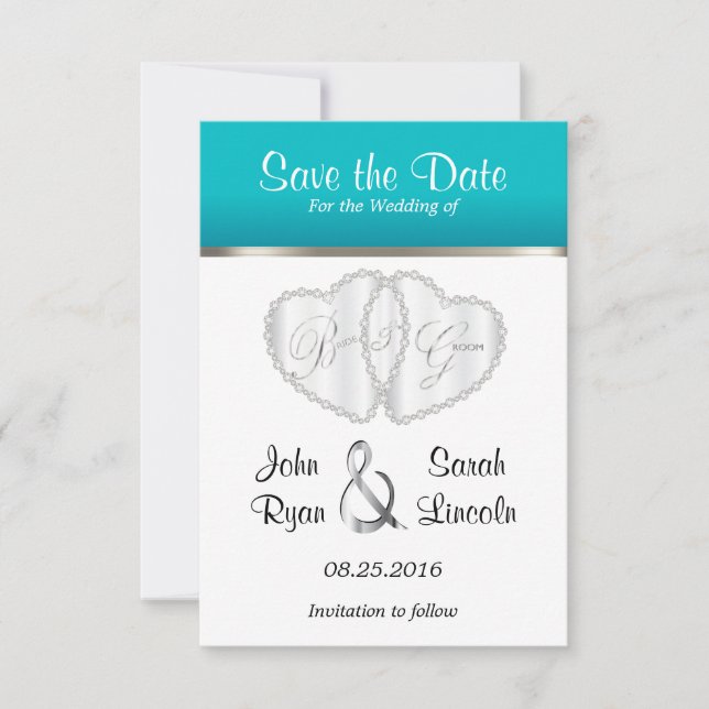 Hochzeitsherzen auf Türkis - Save the Date (Vorderseite)