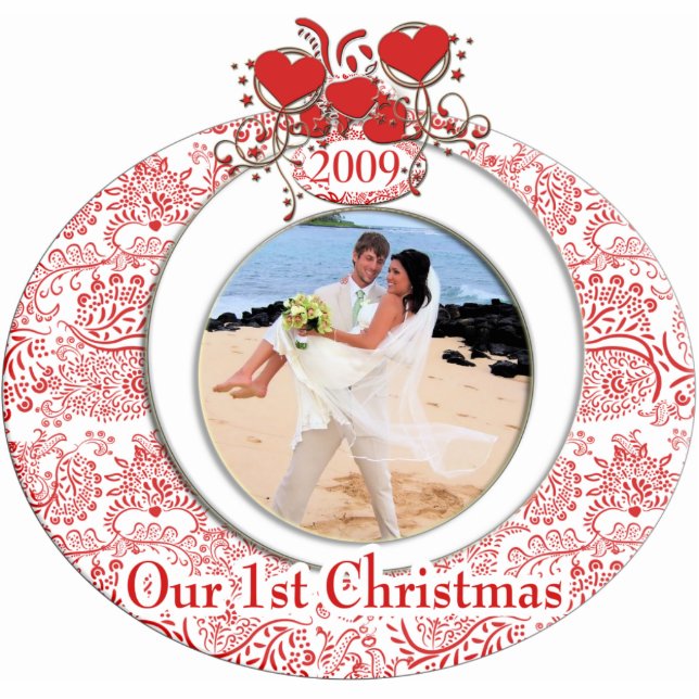 Hochzeitsherzen Ornament Unser 1. Weihnachten Fotoskulptur Ornament (Vorne)