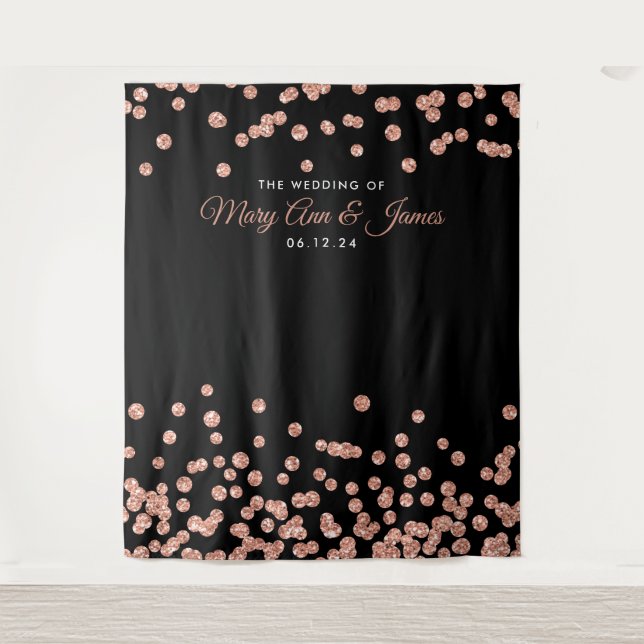 Hochzeitshintergrund Rose Gold Black Glitzer Confe Wandteppich (Vorderseite)