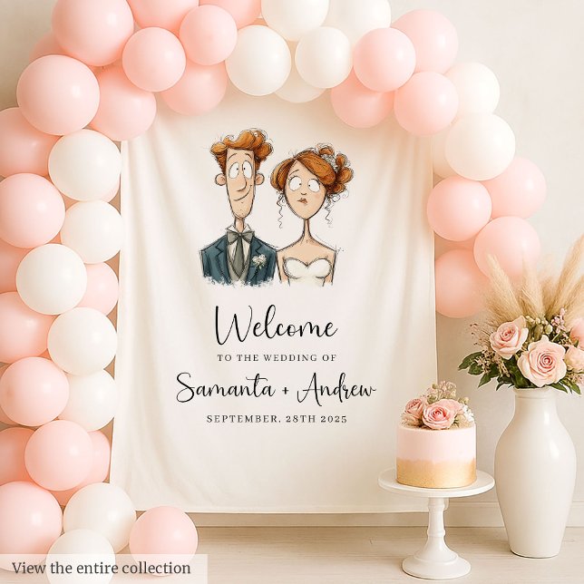 Hochzeitshintergrund Wasserfarbe Quirky Couple Bri Wandteppich (Wedding Backdrop Watercolor Quirky Couple Bride Groom)