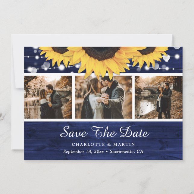 Hochzeitshochzeit Foto Navy Blue Rustic Wood Sunfl Save The Date (Vorderseite)