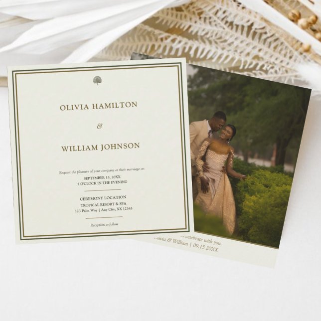 Hochzeitshochzeit mit dem Foto auf dem Elfenbeinpl Einladung (Ivory & gold wedding invite with photo back — timeless elegance meets personal touch.)