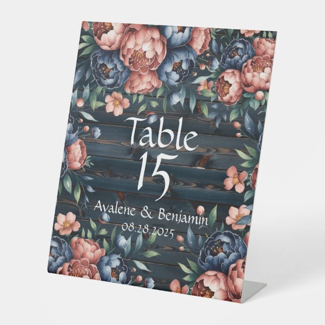 Hochzeitshochzeit von Navy Blue & Copper Peony Woo Sockelschild (Vorderseite)