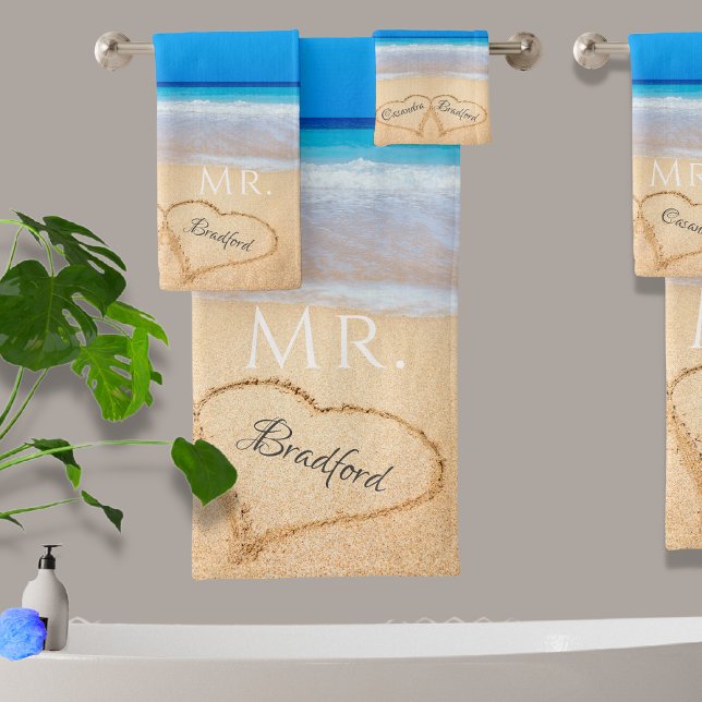 Hochzeitshöre in Sand Family Monogram, Groom Mr. Badhandtuch Set (Von Creator hochgeladen)