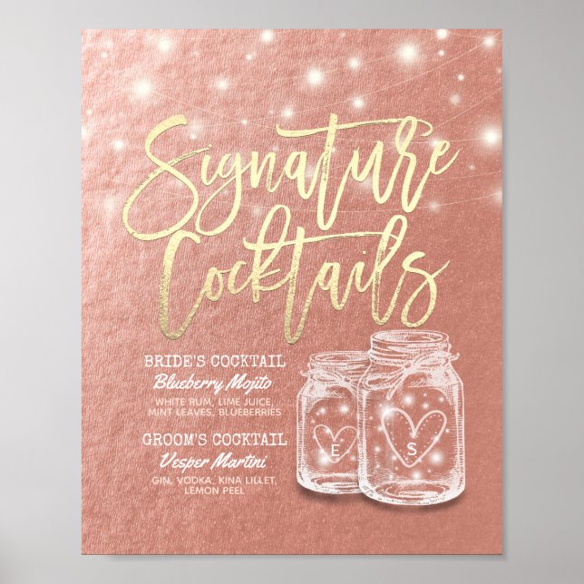 Hochzeitsignatur Drink Menü Mason Jars Rose Gold Poster (Vorne)