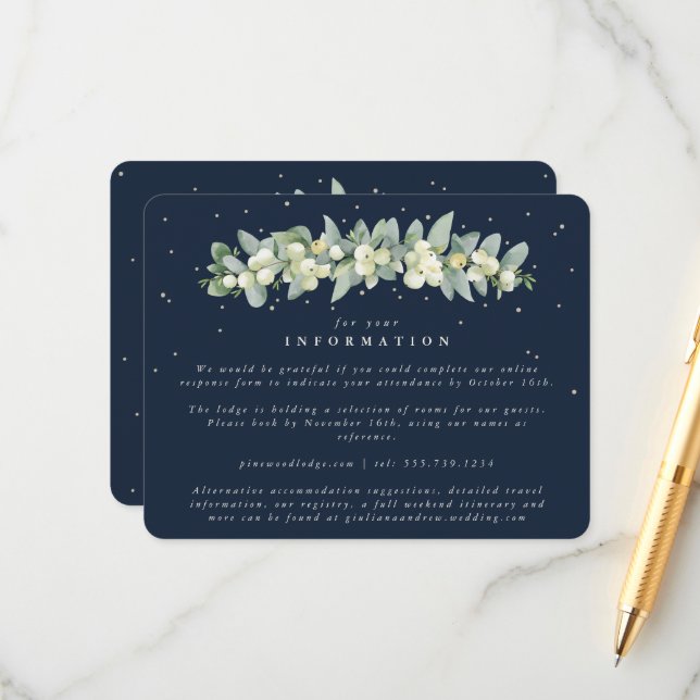 Hochzeitsinfo für Navy Snowberry+Eucalyptus Garlan Begleitkarte (Vorderseite/Rückseite Beispiel)