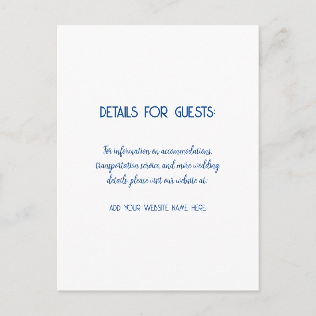 Hochzeitsinformationen Gäste Blue White 2024 Postkarte (Vorderseite)