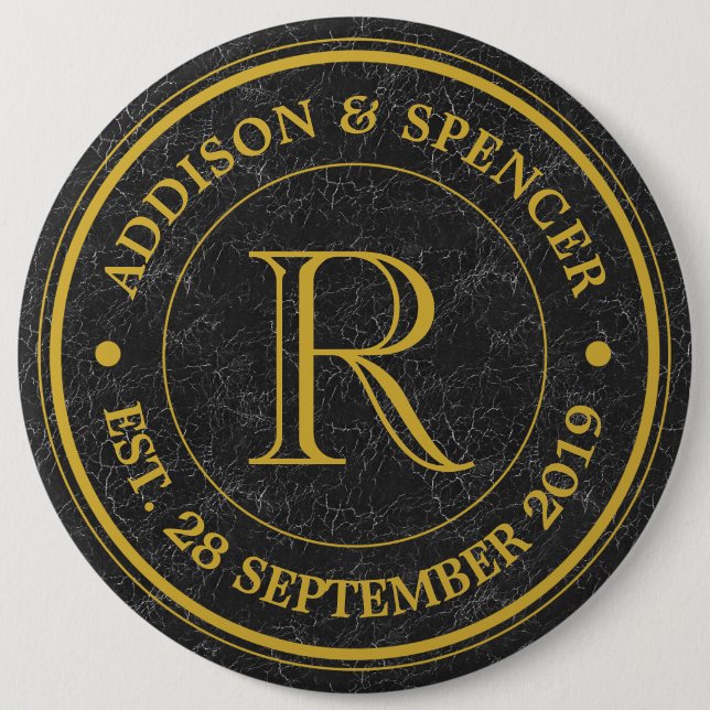 Hochzeitsjubiläum Gold Monogramm schwarzes Leder Button (Vorderseite)