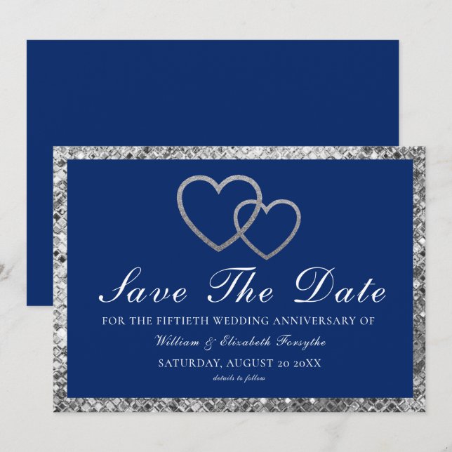 Hochzeitsjubiläum Silver Hearts Blue Save The Date (Vorne/Hinten)