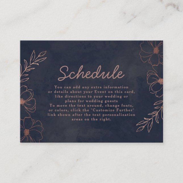 Hochzeitskalender für Navy Blue & Rose Gold Foil Begleitkarte (Vorderseite)