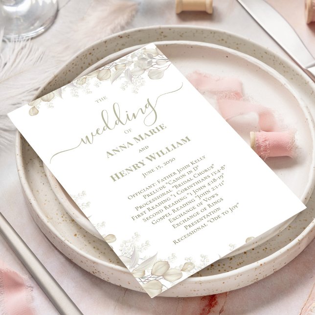 Hochzeitskalligrafie Blumenschmuck Grünes Programm (Welcome wedding program with elegant sage green greenery and calligraphy script. )