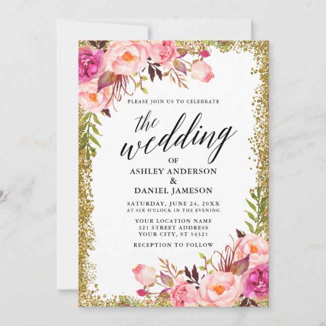 Hochzeitskalligrafie Pink Floral Gold Glitzer Einladung (Vorderseite)