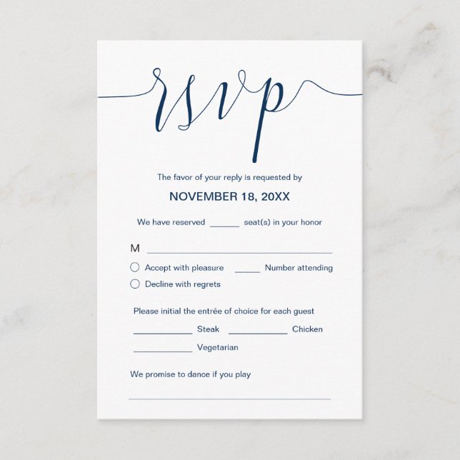 Hochzeitskalligraphie, Navy Blue Script, Dinner UA Begleitkarte (Vorderseite)