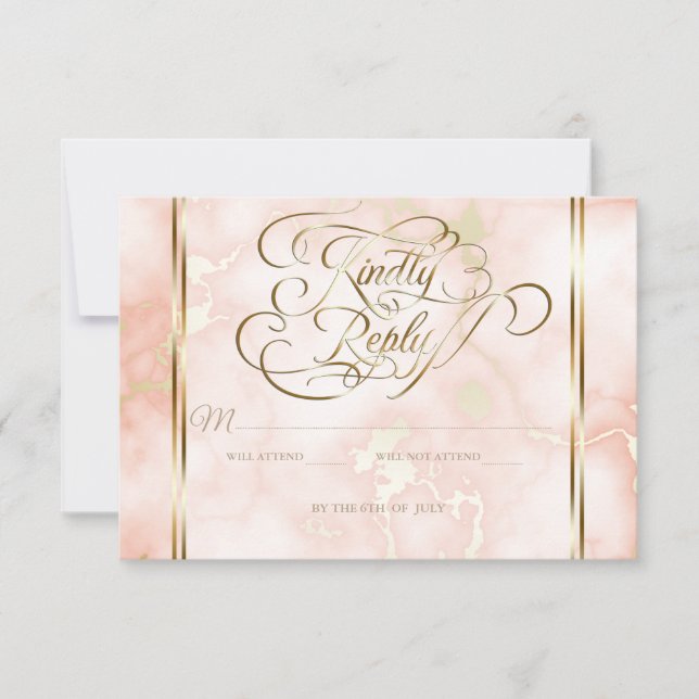 Hochzeitskalligraphie und Verzierte Goldmarmor-Ros RSVP Karte (Vorderseite)