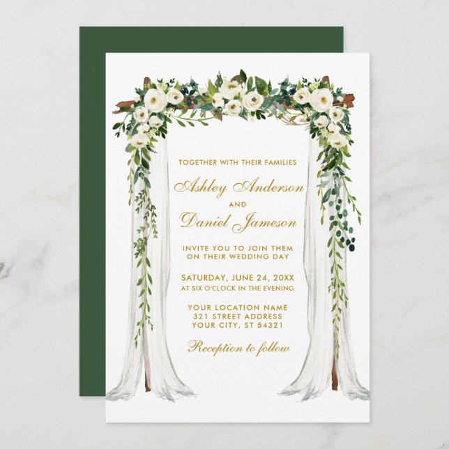 Hochzeitskanopie Aquarell Grüne Blüte Gold Einladung (Vorne/Hinten)