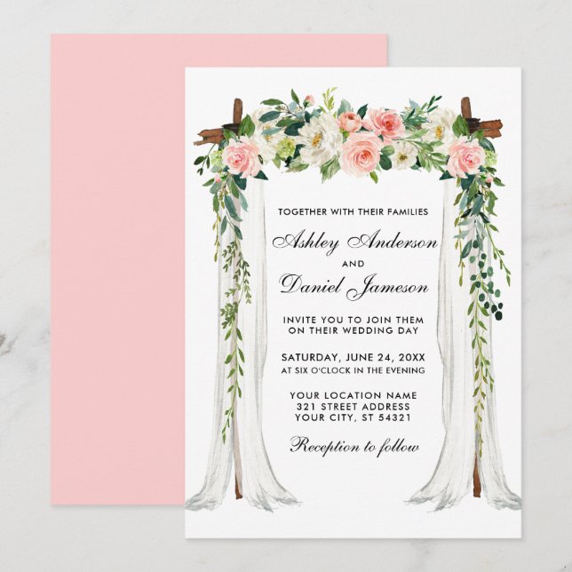 Hochzeitskanopie Wasserfarbe Blumenrosa Rosa Einladung (Vorne/Hinten)