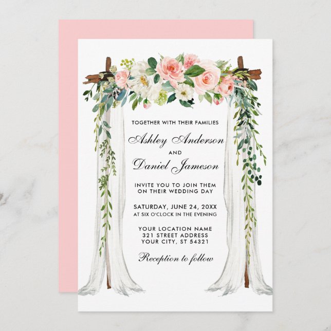 Hochzeitskanopie Wasserfarbe Rosa Blütenblüte Einladung (Vorne/Hinten)