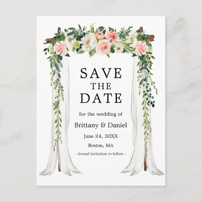 Hochzeitskanopie Wasserfarbe Rosa Weiße Blüte Ankündigungspostkarte (Vorderseite)