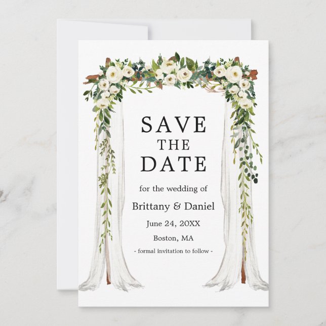 Hochzeitskanopie Wasserfarbe Weiße Blüte Save The Date (Vorderseite)