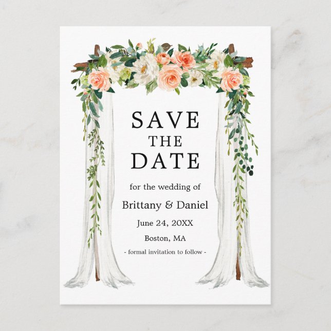 Hochzeitskanopie Wasserfarben Korallen Weiße Blüte Ankündigungspostkarte (Vorderseite)