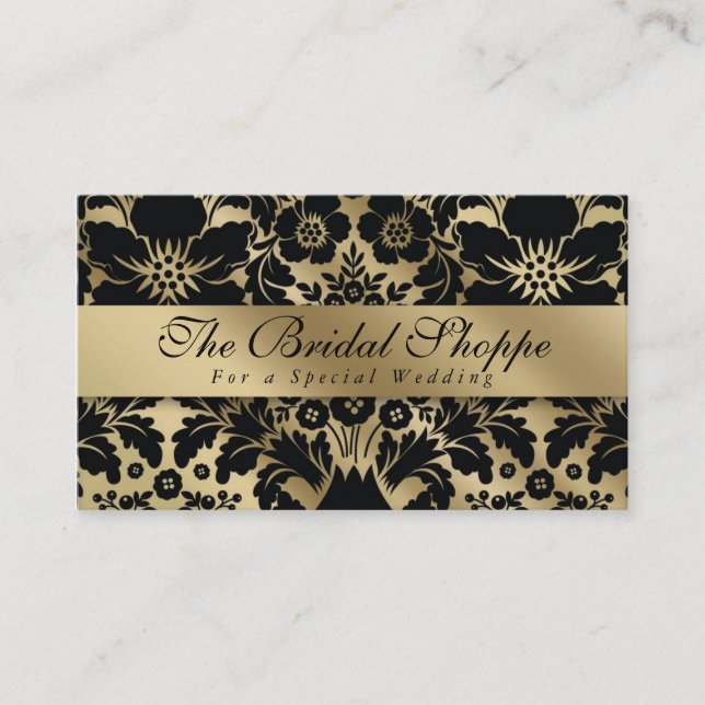 Hochzeitskarte Damask Floral Gold Black Visitenkarte (Vorderseite)