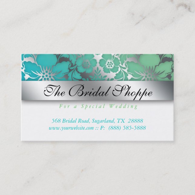 Hochzeitskarte Damask Floral Silver Blue G Visitenkarte (Vorderseite)