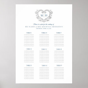Hochzeitskarte für blaue und silberne Herzkranke Poster