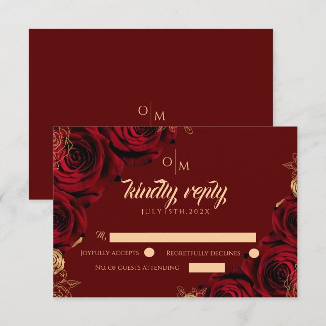 Hochzeitskarte für Burgund und Gold-Rose RSVP Karte (Vorne/Hinten)