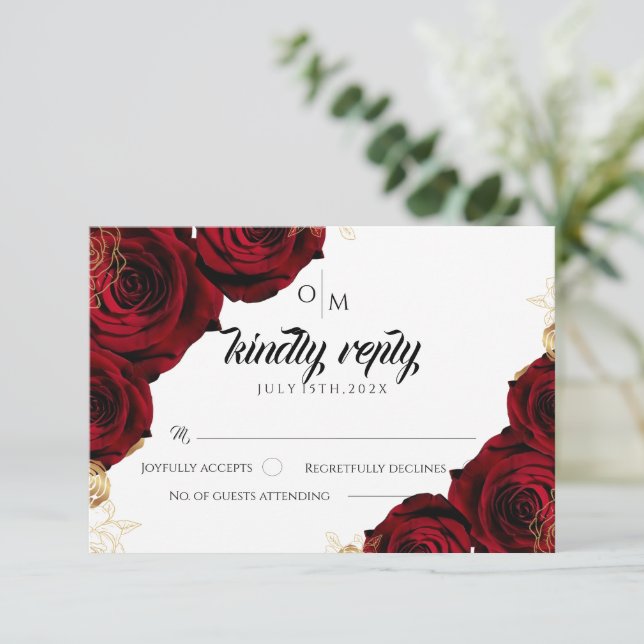 Hochzeitskarte für Burgund und Gold-Rose RSVP Karte (Stehend Vorderseite)