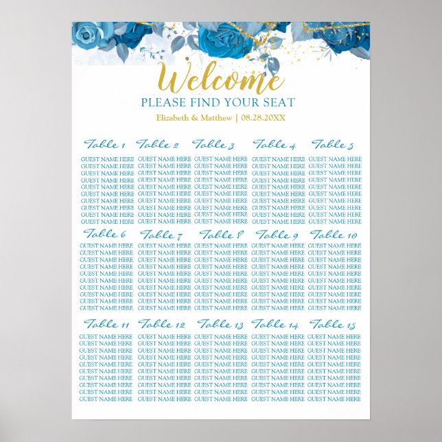 Hochzeitskarte für Cyan Blue und Gold Floral Poster (Vorne)