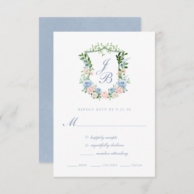 Hochzeitskarte für das blaue Blumenfloral-Wappen RSVP Karte (Vorne/Hinten)