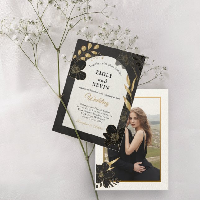Hochzeitskarte für das elegante Foto Weiß und Gold Save The Date (Elegant White and Gold Floral Photo Wedding card)