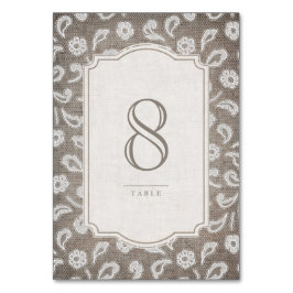 Hochzeitskarte für das Land mit Spitzen- und Burlb Tischnummer