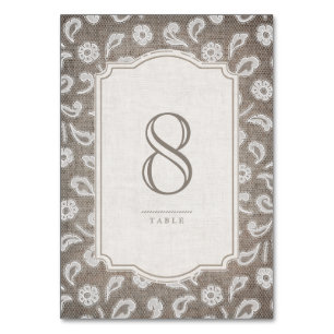 Hochzeitskarte für das Land mit Spitzen- und Burlb Tischnummer